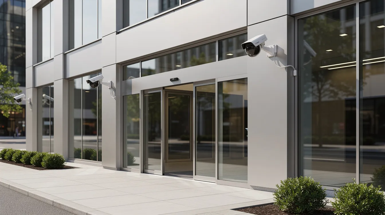 The image depicts a modern commercial building exterior featuring multiple professional security cameras mounted at various entry points. These wireless security cameras are designed for outdoor durability and include smart features for effective monitoring, ensuring high video quality and enhanced data security.