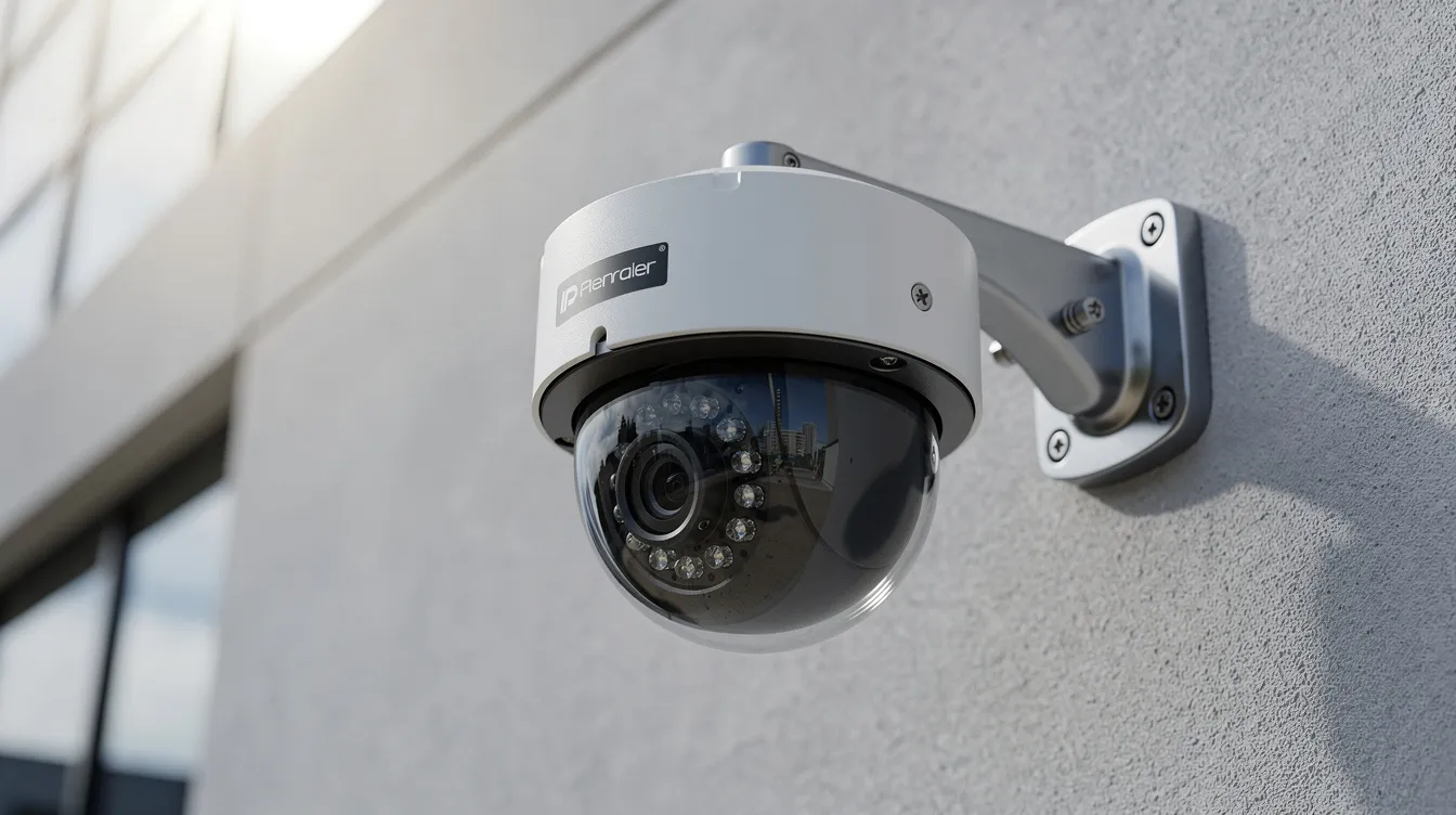 A close-up view of a professional IP surveillance camera mounted on the exterior of a building, showcasing its sleek design and advanced features for outdoor security. The camera is equipped with wireless capabilities, ensuring high video quality and effective motion detection for enhanced safety.