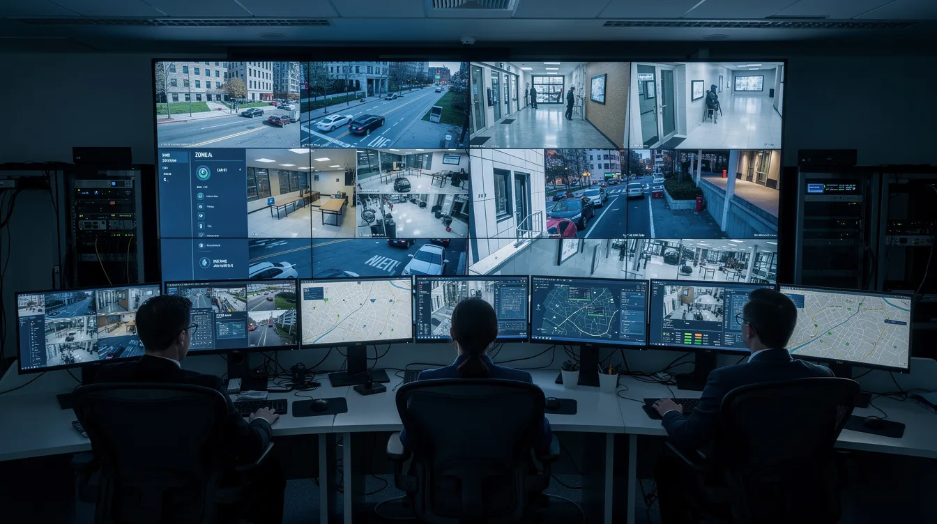 The image depicts a security operations center filled with multiple monitors, each showcasing live video feeds from various security cameras, including outdoor and indoor models. The setup emphasizes advanced features such as color night vision and remote access, ensuring comprehensive surveillance for data security and effective monitoring of potential intruders.